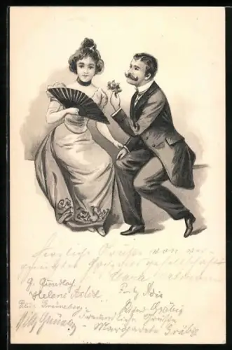 AK Kavalier überreicht Dame mit Fächer ein Sträusschen