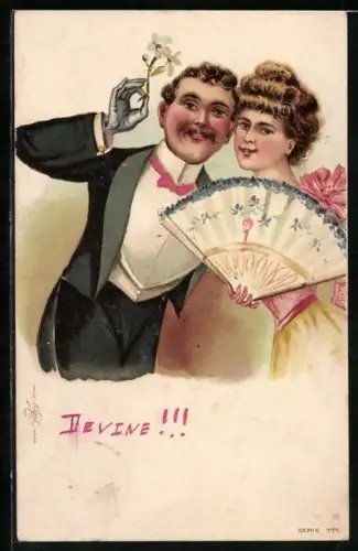 AK Dame mit Fächer u. Galan im Frack mit Blumen
