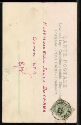 AK Dame mit Fächer u. Galan im Frack mit Blumen