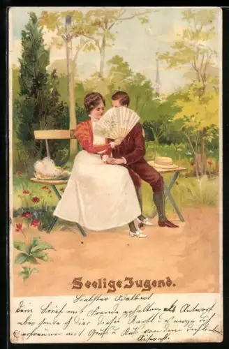 AK Seelige Jugend, Liebespaar auf Bank sitzend, Mädchen mit Fächer