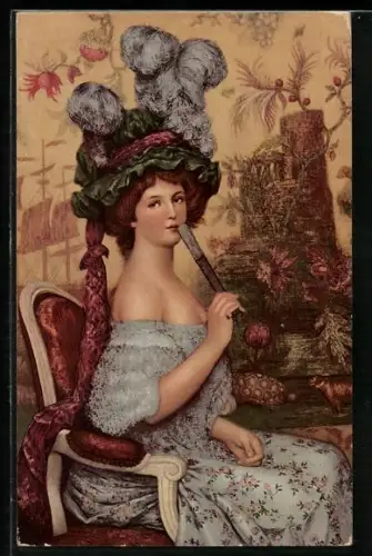 AK Brünette Frau mit Federn am Hut und Fächer