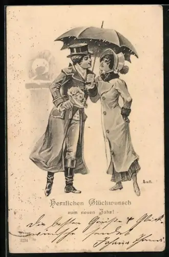 AK Elegantes Paar mit Blumen und mit Schirm im Regen, Neujahrsgruss