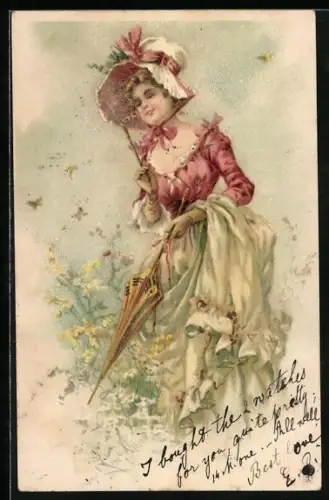 AK Junge Dame mit Schirm und Haube im Grünen