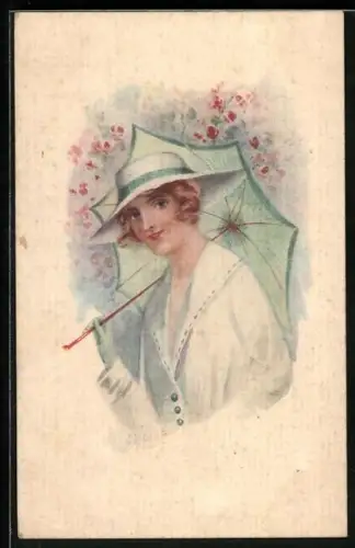 AK Junge Dame mit Schirm und Hut