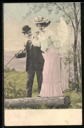 AK Dame mit Schirm und Herr mit Melone