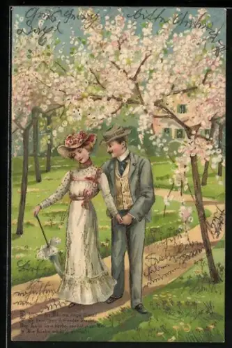 AK Junges Paar mit Schirm im Frühling
