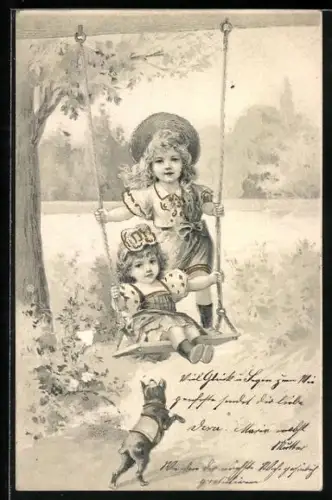 AK Mädchen schiebt kleines Mädchen auf der Schaukel an, Hund