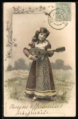 AK Glückwunsch zum Namenstag, Mädchen mit Mandoline