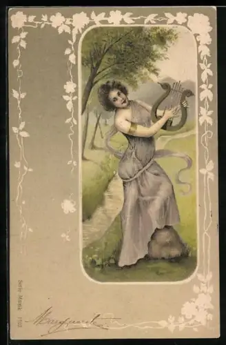 Präge-AK Frauenfigur der Antike mit Lyra im Grünen