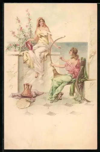 AK Junge Damen spielen Harfe und Tamburin, Jugendstil