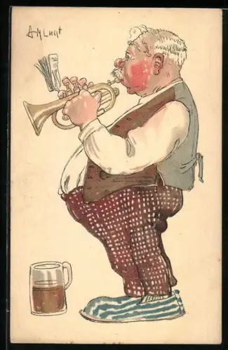 AK Beleibter Biertrinker beim Trompetenspiel