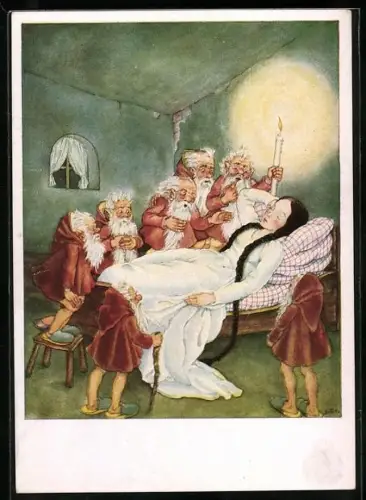 AK Erschrockene Zwerge und schlafendes Schneewittchen