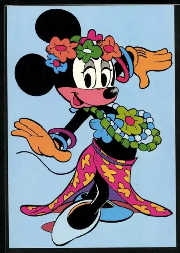 AK Minnie Maus im Hawairöckchen mit Blumenkette