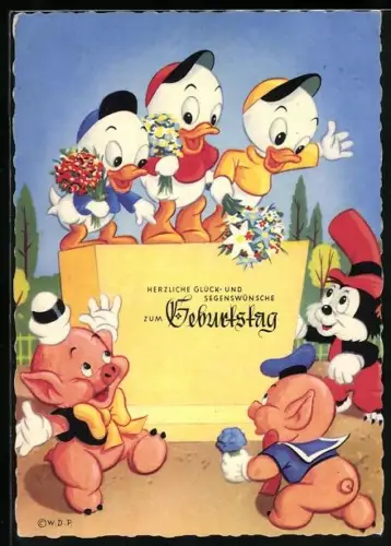 AK Herzliche Glück und Segenswünsche zum Geburtstag, Walt Disney, Tick, Trick und Track, Wolf und Schweinchen