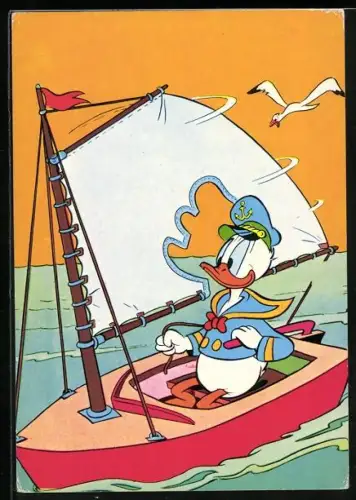 AK Donald Duck in einer Segeljolle auf dem Meer