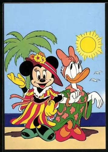 AK Minnie Maus und Daisy Duck am Strand, Palme, Sonne