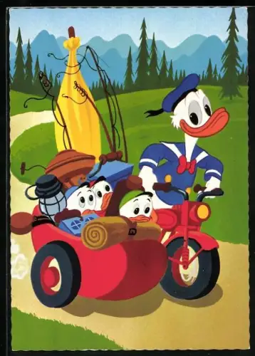 AK Donald Duck mit Neffen auf dem Weg in den Urlaub, Motorrad mit Beiwagen