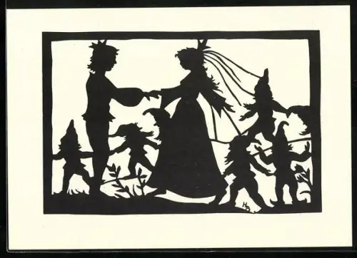 AK Schattenbild, Prinz und Schneewittchen mit den sieben Zwergen, Märchen