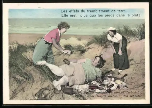 AK Missgeschick einer Dame am Strand