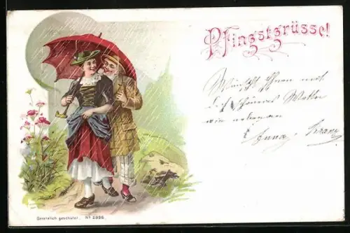 AK Trachtenpaar mit Schirm im Regen, Pfingstgruss