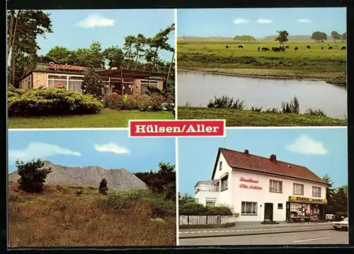 AK Dörverden-OT Hülsen /Aller, Kaufhaus Otto Schöne u. Edeka-Markt, Sparkasse, Uferpartie