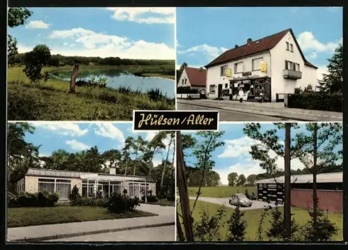 AK Hülsen /Aller, Strassenpartie mit Geschäft, Uferpartie, Ortspartie
