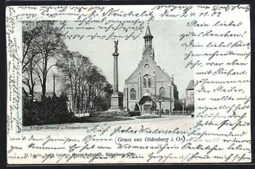 AK Oldenburg i. Gr., Krieger-Denkmal und Friedenskirche