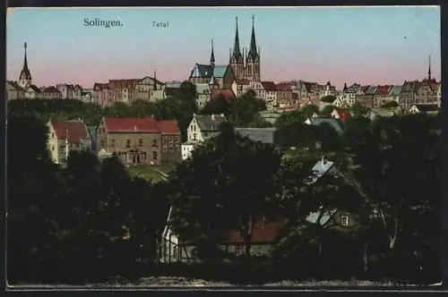 Goldfenster-AK Solingen, Totalansicht und Kirche mit leuchtenden Fenstern