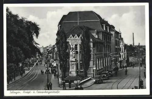 AK Solingen, Haupt- und Cronenbergerstrasse mit Strassenbahn