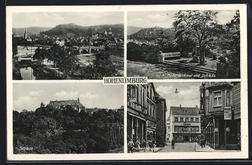 AK Hohenlimburg, Freiheitstrasse mit Cafe, Möllerdenkmal und Schloss, Brücke