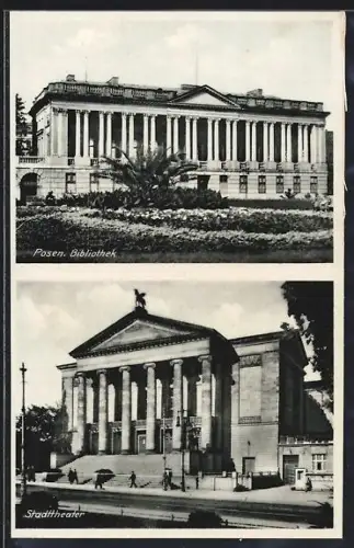 AK Posen / Poznan, Vorderansicht der Bibliothek und des Stadttheaters