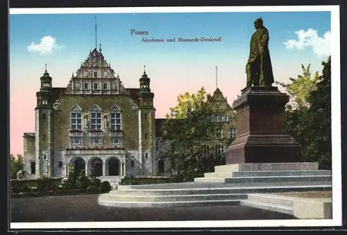 AK Posen / Poznan, Akademie & Bismarckdenkmal