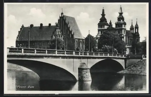 AK Posen / Poznan, Uferpartie mit Brücke und Blick Richtung Dom
