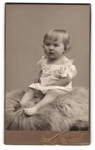 Fotografie Friedr. Kolbey, Plauen i. V., Radelstr. 1, Kind im weissen Kleid auf Fell