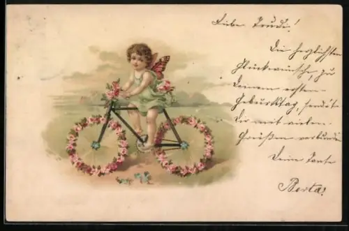 AK kleine Fee fährt auf einem Fahrrad mit Blumen-Reifen
