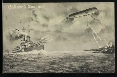 AK Zeppelin bomnbardiert England, deutsches Linienschiff beschiesst englische Küste