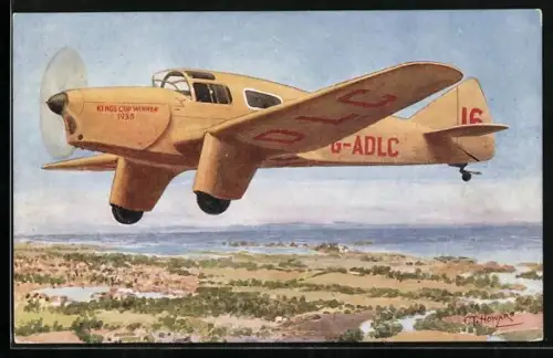 Künstler-AK Flugzeug Miles Falcon Six, Gewinner des King`s Cup 1935