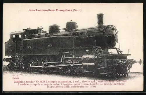 AK Les Locomotives Francaises Nord, Machine-tender No 3838, Dampflok