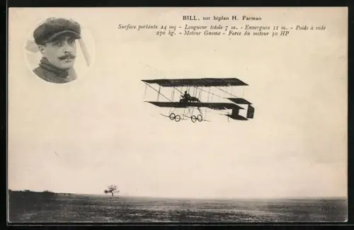 AK Französisches Doppeldecker-Flugzeug Farman mit Pilot Bill im Fluge