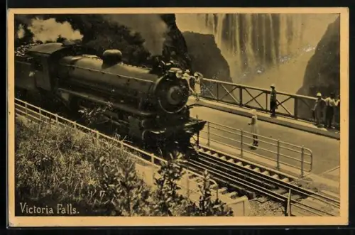 AK Victoria Falls, Dampflokomotive passiert die Victoria Falls, Eisenbahn