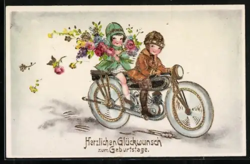 AK Knabe & Mädchen fahren Motorrad, Herzlichen Glückwunsch zum Geburtstag