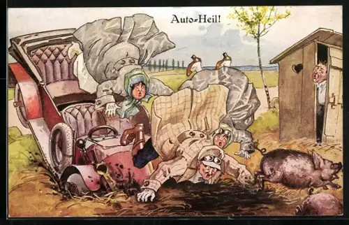 Künstler-AK Wilde Autofahrt endet in einer Schweinesuhle