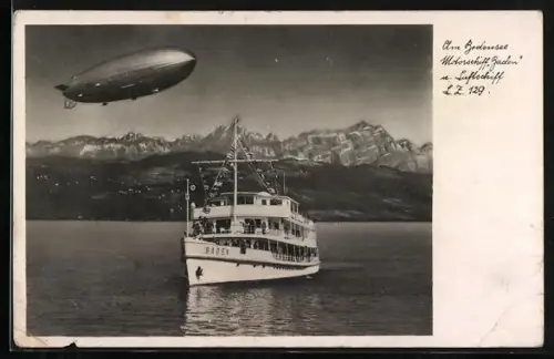 AK Zeppelin LZ-129 Hindenburg im Fluge über den Bodensee über dem Motorschiff Baden