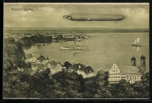 AK Friedrichshafen, Zeppelin im Fluge über Friedrichshafen und den Bodensee