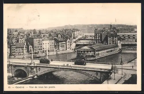 AK Genève, Vue de tous les ponts, Strassenbahn