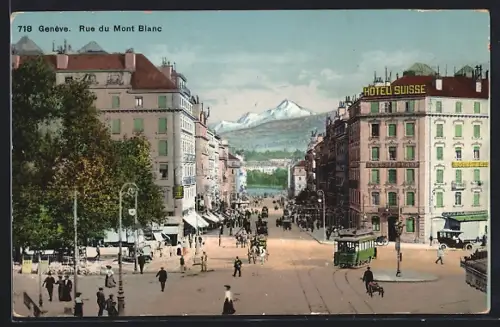 AK Geneve, Blick auf den Mont-Blanc und Strassenbahn