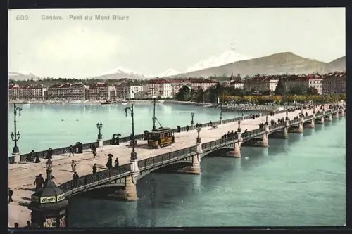 AK Genève, Pont du Mont Blanc, Strassenbahn