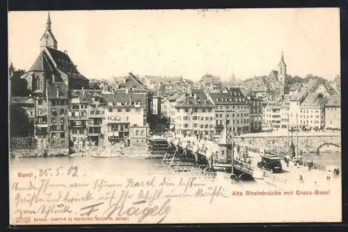 AK Basel, Alte Rheinbrücke mit Gross-Basel, Strassenbahn