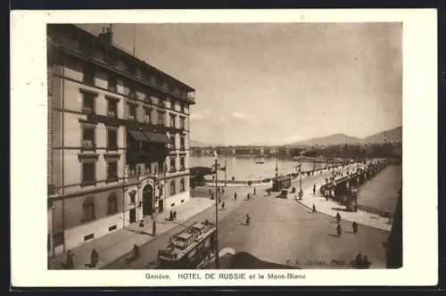 AK Genève, Hôtel de Russie et le Mont-Blanc, Strassenbahn