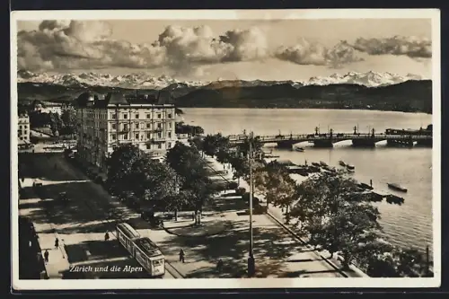 AK Zürich, Stadtansicht mit den Alpen, Strassenbahn
